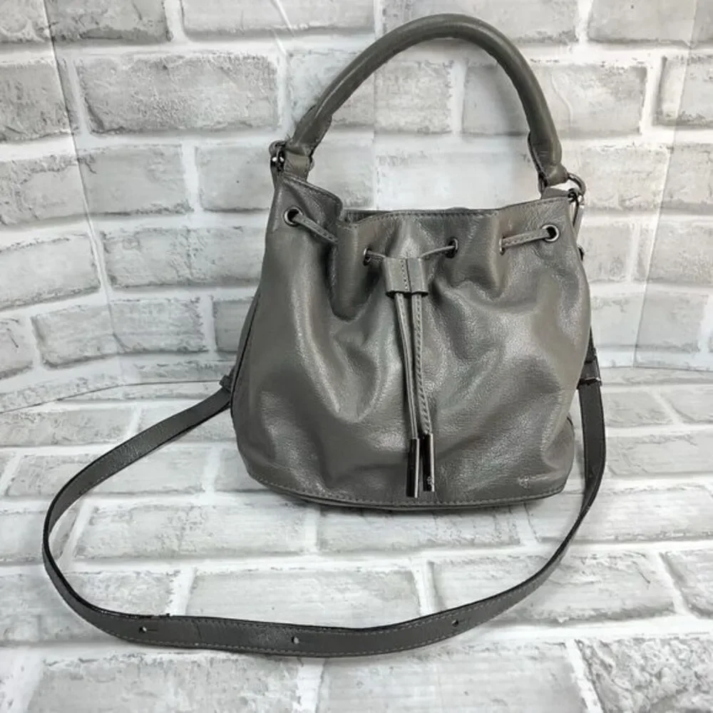 Elliott Luca Women's Gray Leather Drawstring Bucket Crossbody Bag Purse